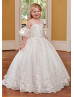 Ivory Lace Tulle Flower Girl Dress With Detachable Puff Sleeves